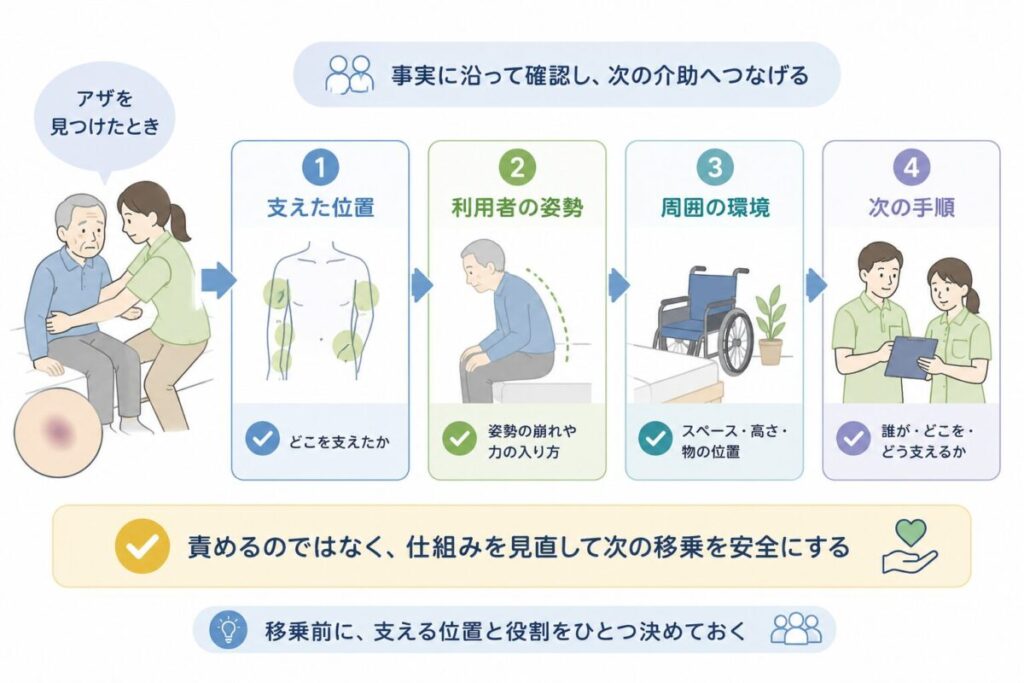 皮下出血を見つけた後に、支えた位置・利用者の姿勢・周囲の環境・次の介助手順を確認する流れを示した図。