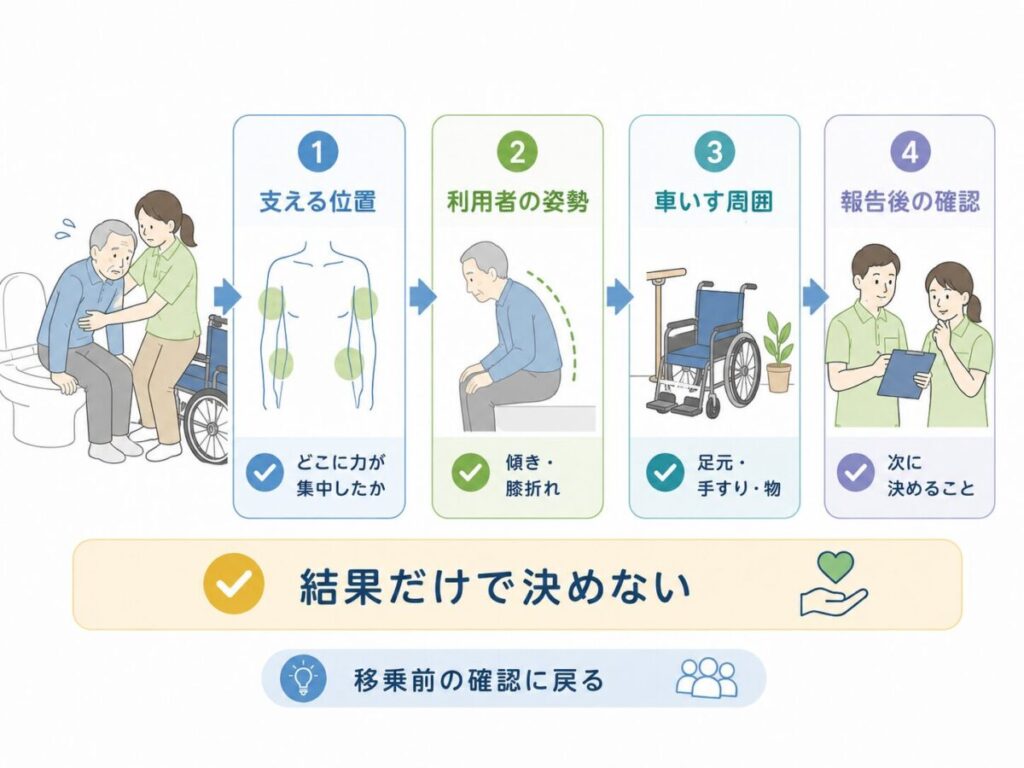移乗時に皮下出血が疑われる場面を、支える位置・利用者の姿勢・車いす周囲・報告後の確認の4項目で見直す流れを示した図。