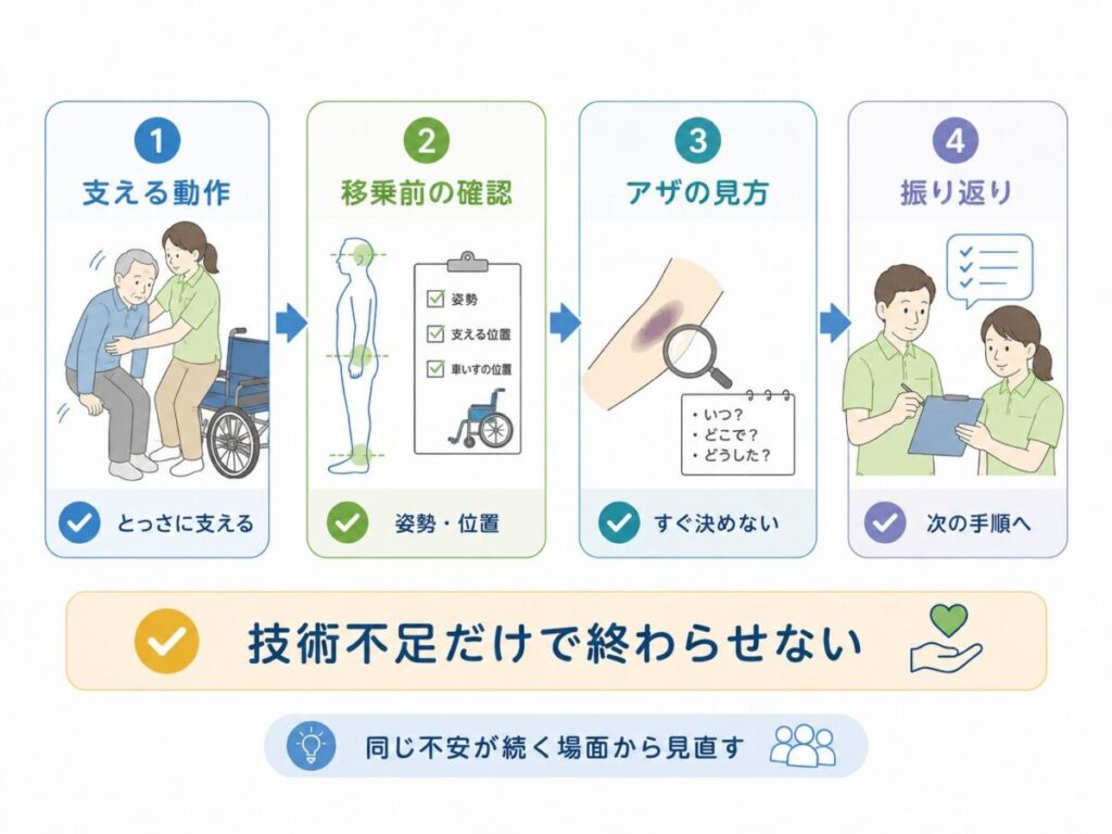 移乗介助で局所に力が集中する背景を、支える動作・移乗前の確認・アザの見方・報告後の振り返りに分けて示した図。