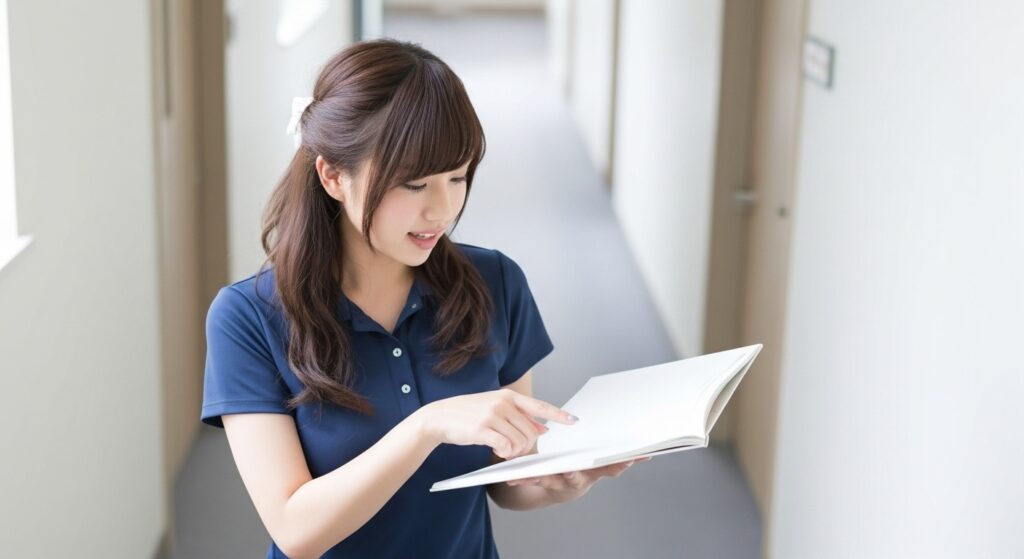 介護マニュアルの内容を指差して説明する若い女性職員のイメージ