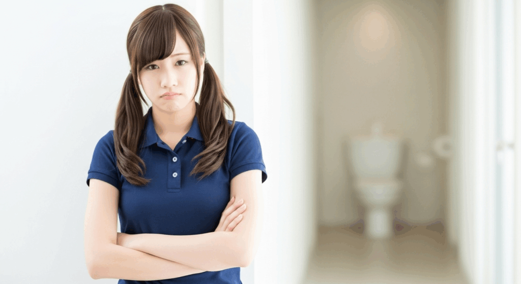 トイレの前で困っている女性の介護職員