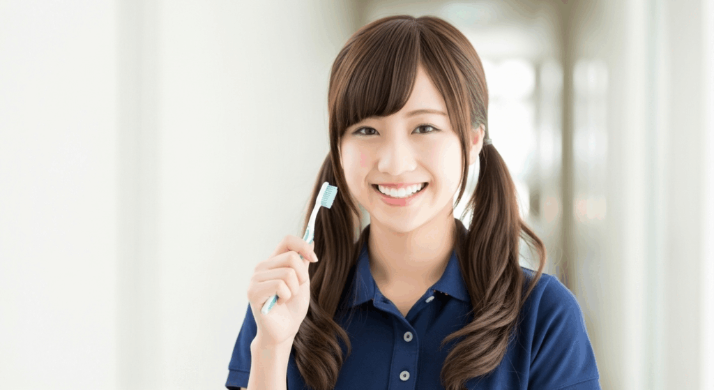 歯ブラシを持っている女性介護職員