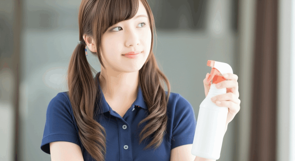 消毒スプレーを持った女性介護職員