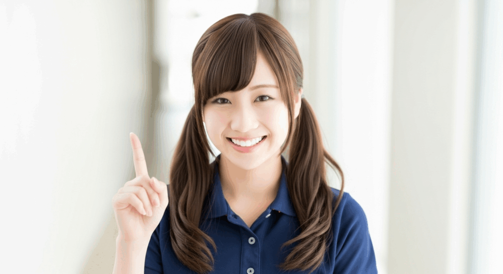 人差し指を上げて笑顔の女性介護職員
