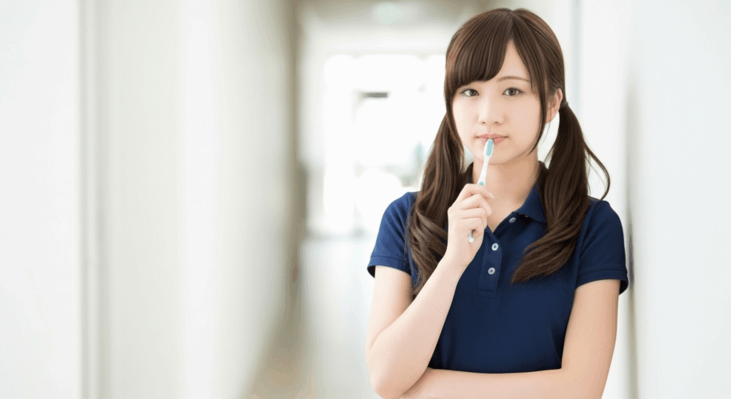 歯ブラシを持っている女性介護職員が考えている