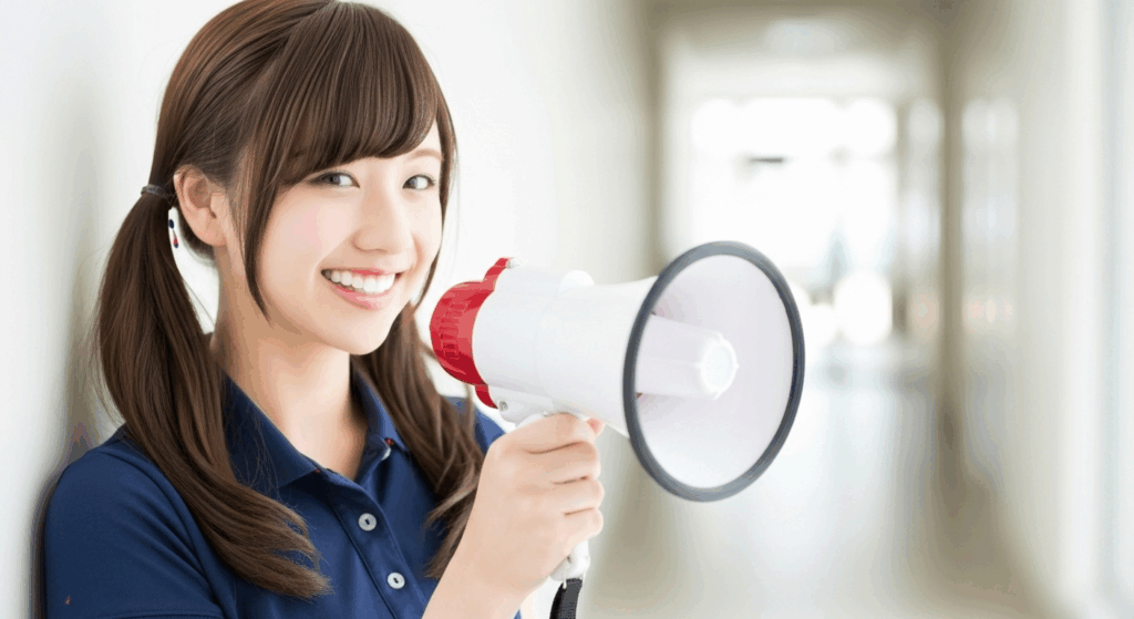 拡声器を持っている女性介護職員