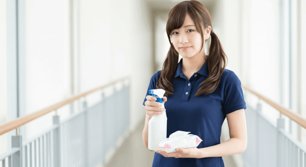 消毒スプレーと布巾を持ってる女性の介護職員