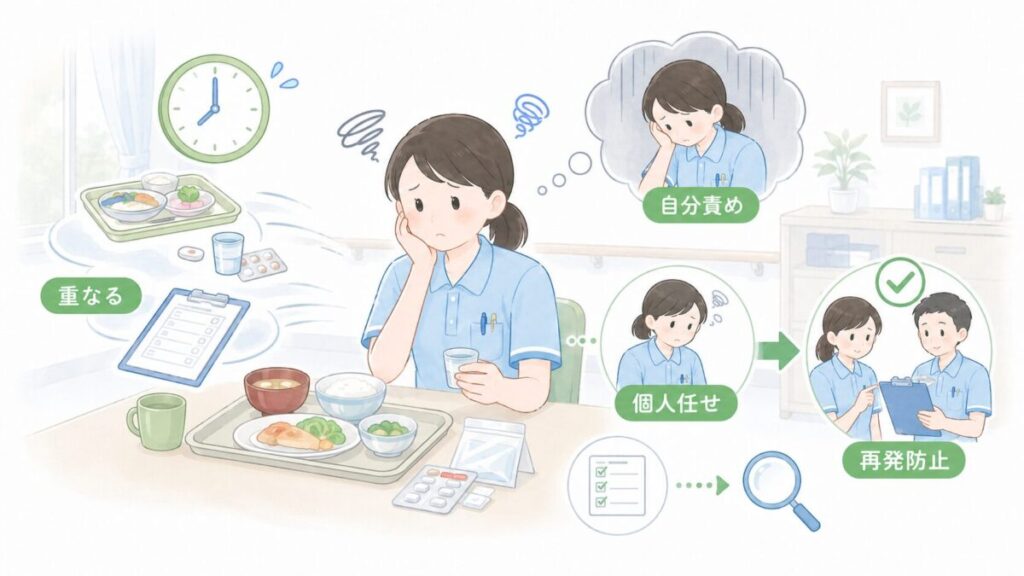 食事・服薬・記録が重なる中で介護士が自分を責め、個人任せではなくチームで再発防止を考える様子