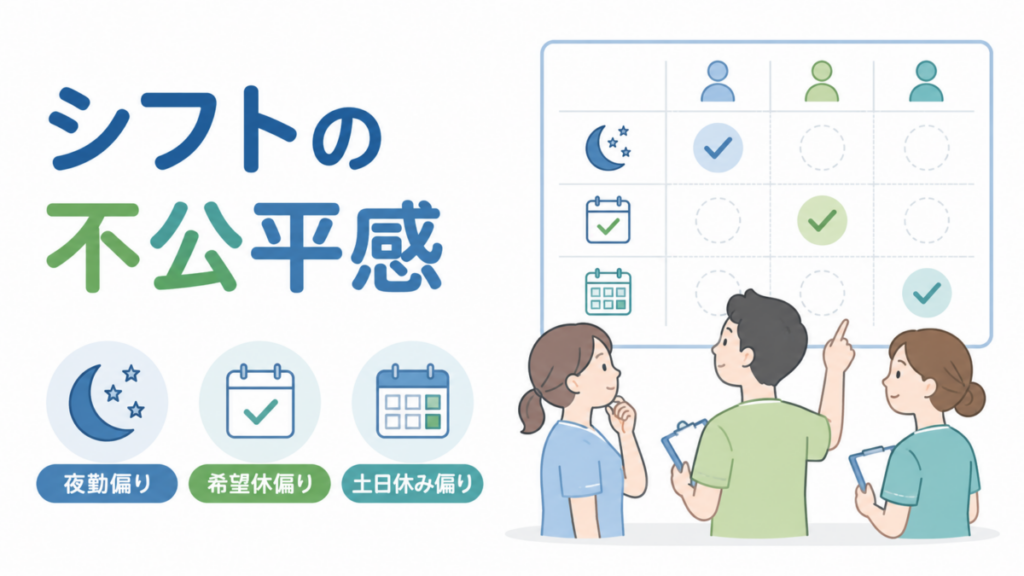 夜勤・希望休・土日休みの偏りをシフト表で確認する介護職員のイラスト