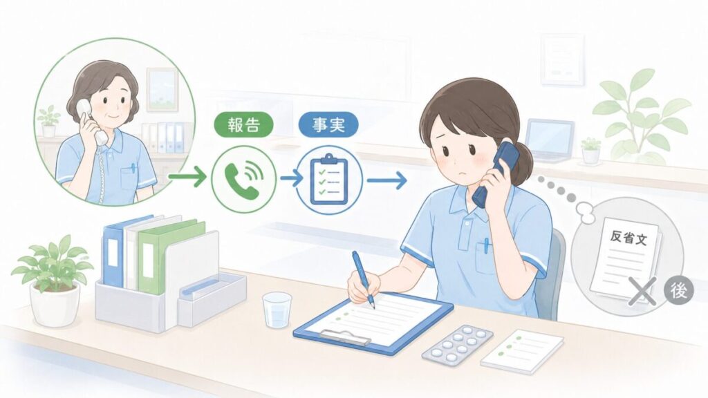 誤薬後の介護士が、反省文より先に電話で報告し、事実を記録する様子を示すイラスト