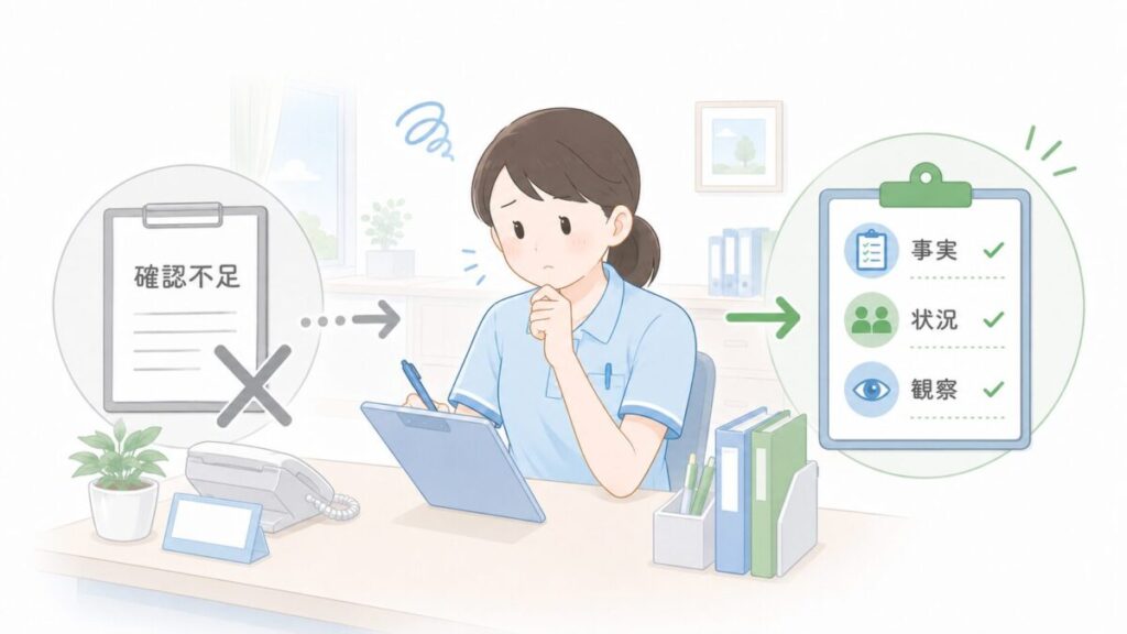 誤薬報告を「確認不足」だけで終わらせず、事実・状況・観察に分けて整理する様子を示すイラスト