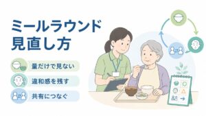 ミールラウンドで食事量だけでなく利用者の違和感を観察し、多職種で共有する様子