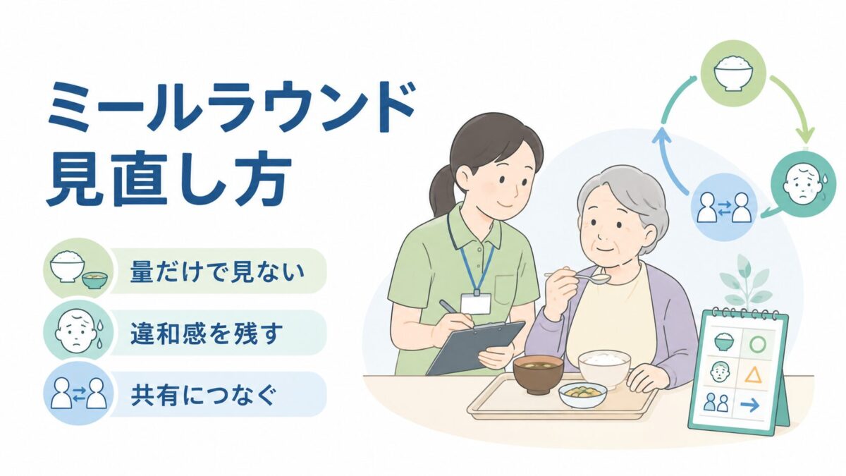 ミールラウンドで食事量だけでなく利用者の違和感を観察し、多職種で共有する様子