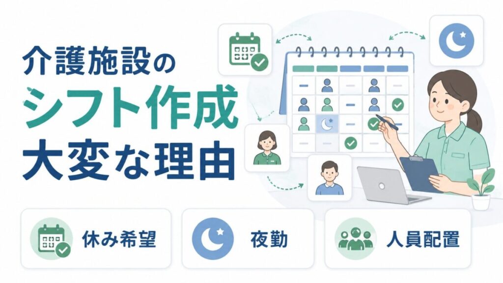 介護施設で休み希望や夜勤、人員配置を確認しながらシフトを作成する介護士の図解