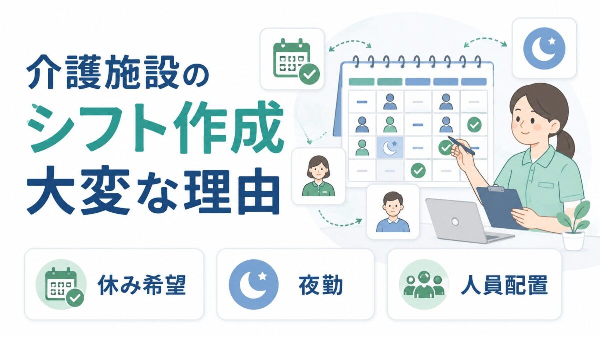 介護施設で休み希望や夜勤、人員配置を確認しながらシフトを作成する介護士の図解