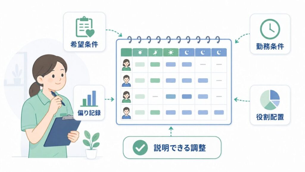 希望条件や勤務条件、役割配置、偏り記録を見ながらシフトを調整する介護士の図解