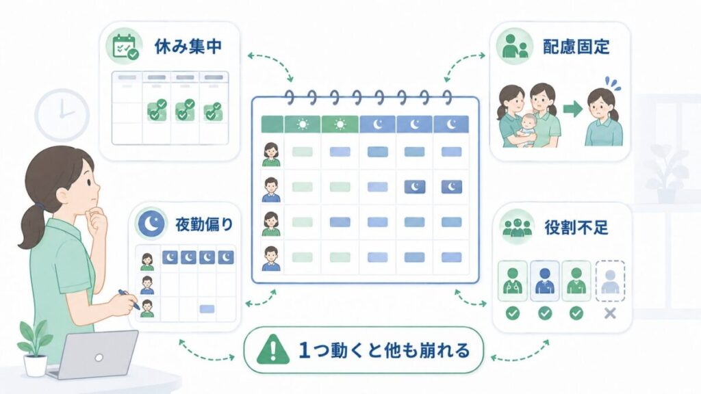 休み希望の集中、夜勤の偏り、配慮の固定化、役割不足が勤務表全体に影響する様子を示した図解