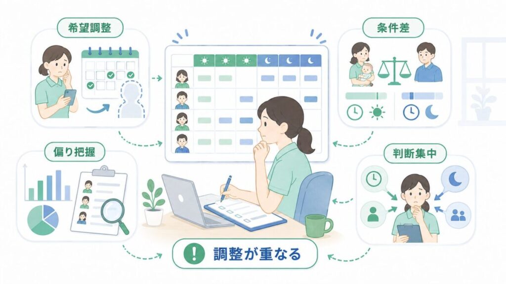 希望調整や勤務条件の違い、負担の偏り、判断の集中がシフト作成を難しくする様子を示した図解