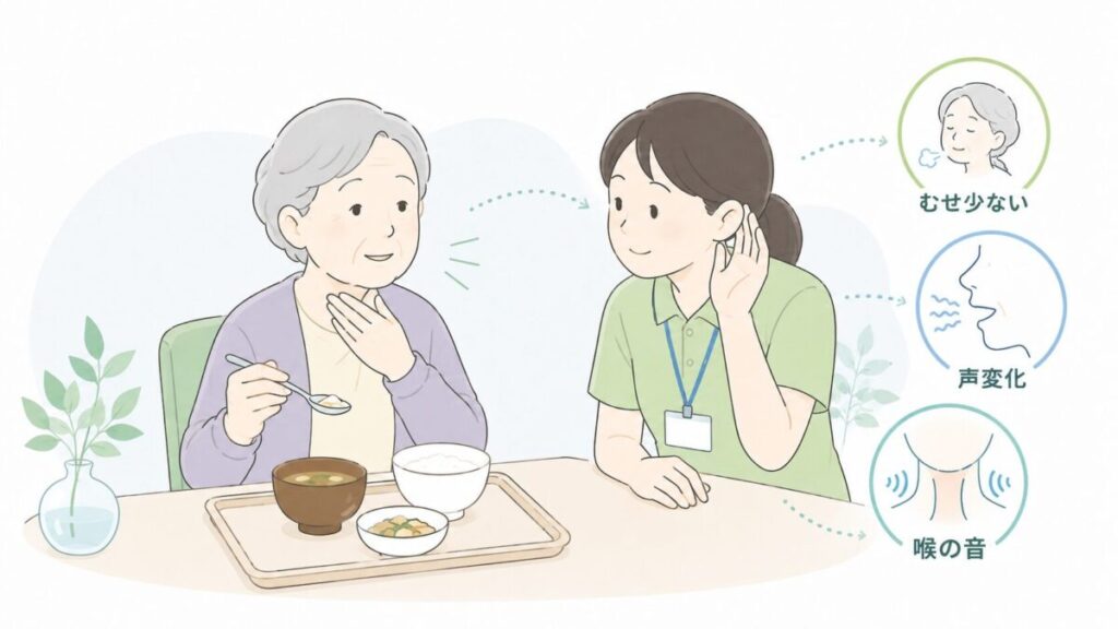 食事中の高齢者の声や喉の音の変化を、介護士が近くで聞き取りながら見守っている様子