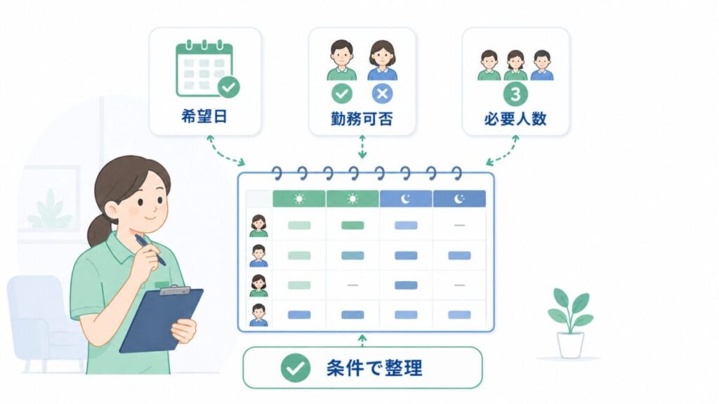 希望日、勤務可否、必要人数を確認し、個人事情の比較ではなく条件で希望休を整理する図解