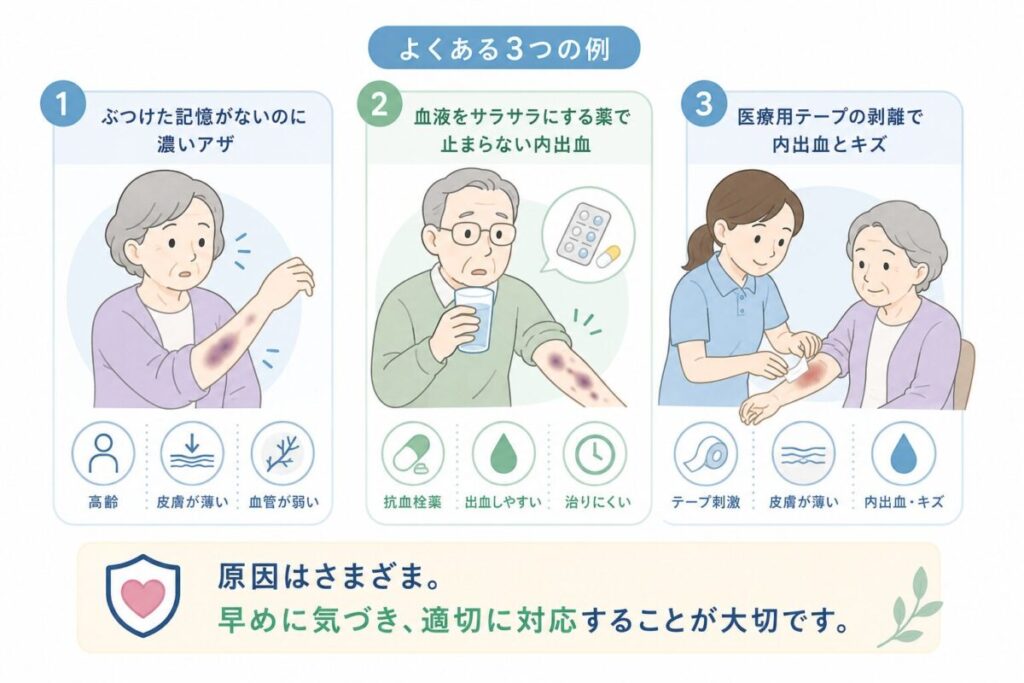 皮下出血の典型例として、原因不明のアザ、服薬中の内出血、医療用テープによる皮膚損傷を示した図。