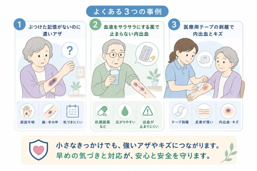 原因不明のアザ、抗凝固薬などによる広がりやすい内出血、医療用テープ剥離による皮膚損傷の3事例を示した図。