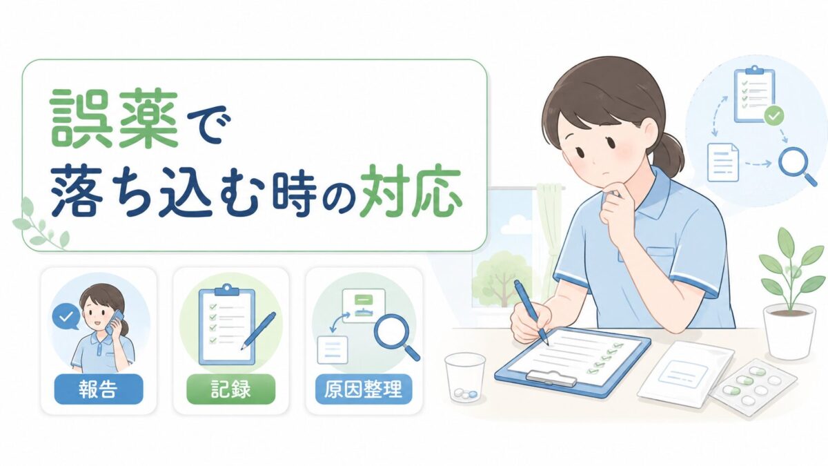 誤薬後に落ち込む介護士が、報告・記録・原因整理を進める様子