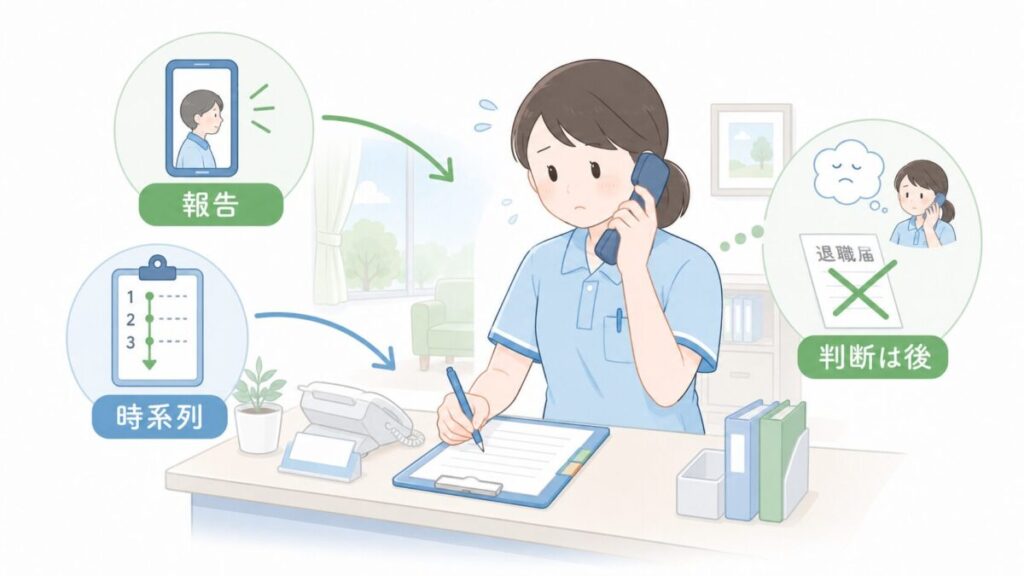 誤薬後の介護士が、まず報告し、時系列で記録し、退職などの判断を急がない流れを示すイラスト