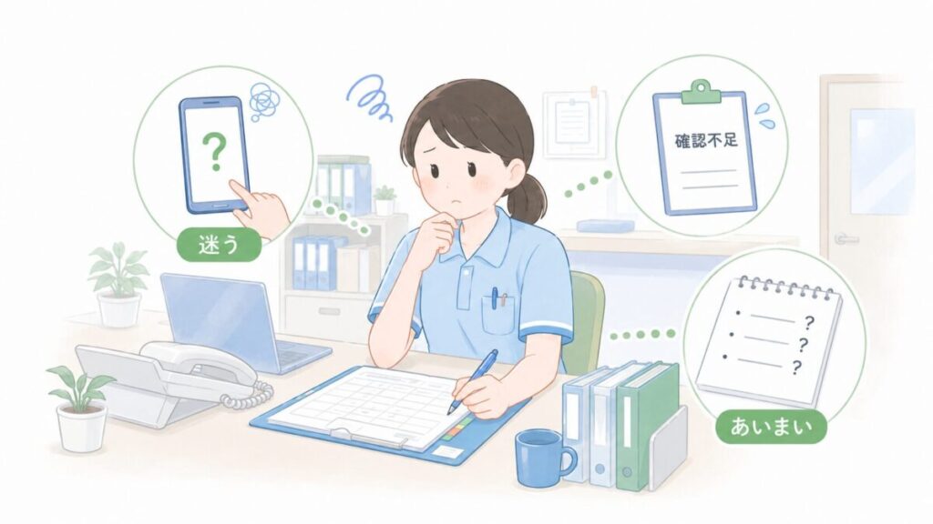 誤薬後に報告を迷い、確認不足だけの記録や曖昧な引き継ぎにつながる様子を示すイラスト