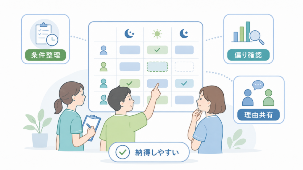 勤務条件の整理、偏り確認、理由共有をしながらシフト表を見直す介護職員のイラスト