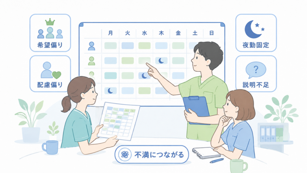 希望休や配慮、夜勤固定、説明不足によるシフトの偏りを確認する介護職員のイラスト