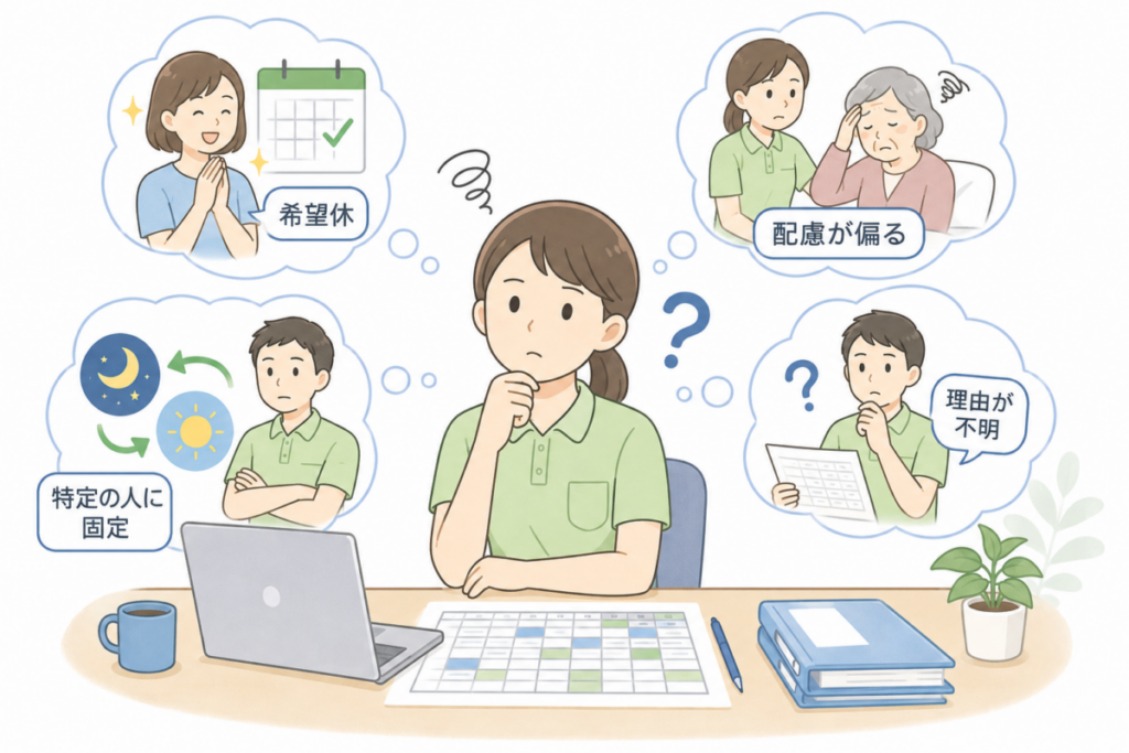 希望休や配慮、夜勤固定、説明不足などシフトの不公平感が残る原因を整理する介護職員のイラスト
