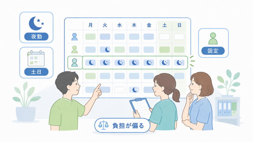 夜勤や土日勤務が同じ職員に集中しているシフト表を見ながら、負担の偏りを確認する介護職員のイラスト
