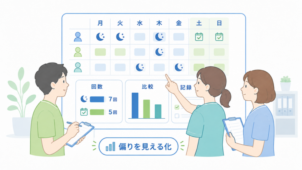 夜勤回数や土日勤務の回数を比較し、シフトの偏りを見える化して確認する介護職員のイラスト