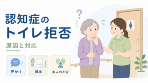 認知症のトイレ拒否について、声かけ・環境・本人の不安から原因と対応を考える介護場面のイラスト。