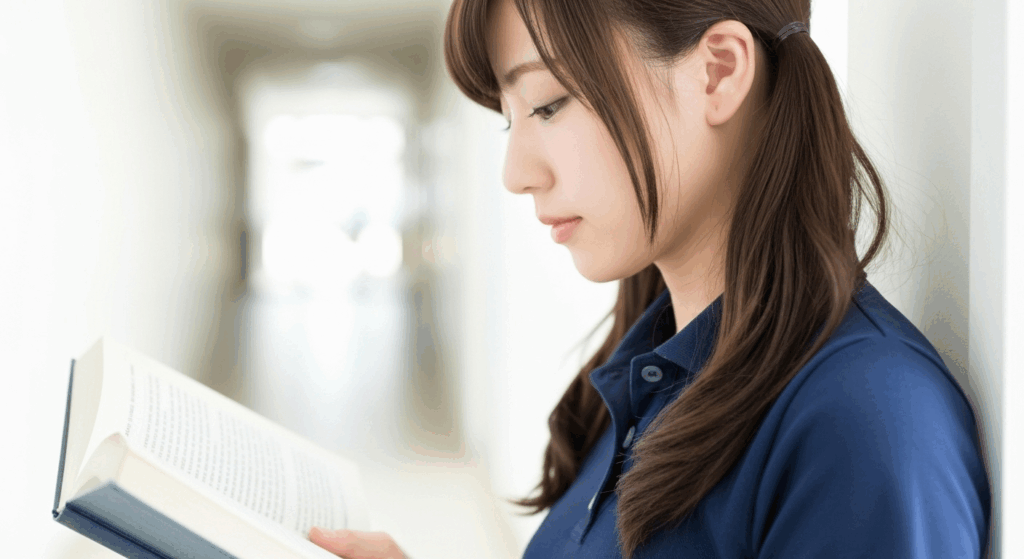 介護職員の女性が、横向きの姿で本を見ている。