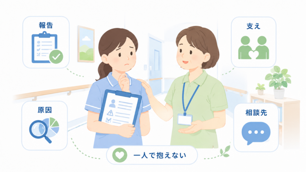 事故後に不安を抱える介護職員が、上司や先輩と思われる職員に相談し、報告・原因整理・支え・相談先を確認している様子を表したイラスト。