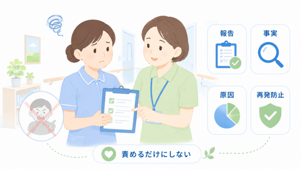 介護事故の報告を責任追及だけで終わらせず、事実確認・原因整理・再発防止につなげる職員同士の話し合いを表したイラスト。