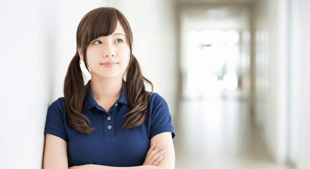腕を組んで考え事をしている介護職員の女性