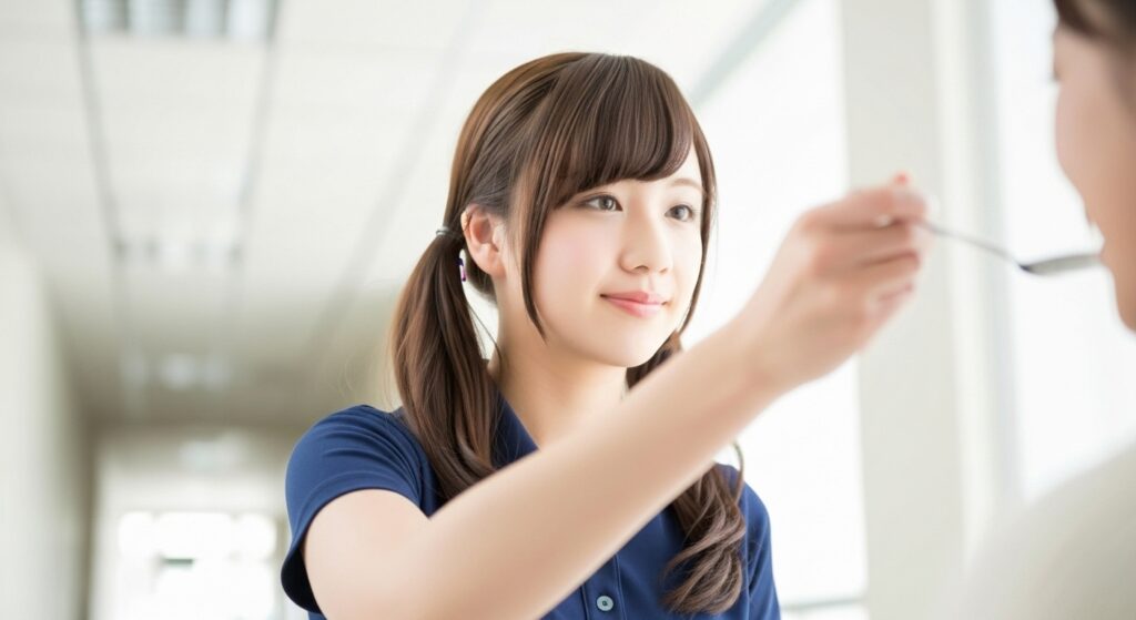 食事介助をしている女性介護職員