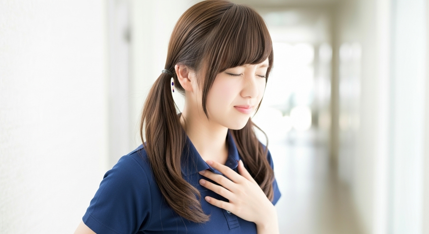介護施設の廊下で胸に手を当て、目を閉じて深呼吸する若い女性介護職員の様子。ストレスや不安を感じながら気持ちを整えている場面を想定し、介護現場のメンタルヘルス対策やセルフケアの重要性を示すイメージ。