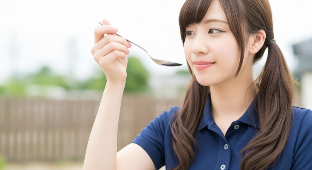 スプーンを持ってる女性の介護職員