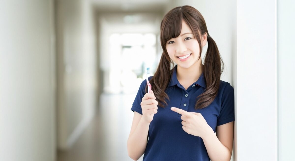 介護施設で女性介護職員が歯ブラシを指し示しながら、口腔ケアや歯磨き方法を説明している様子