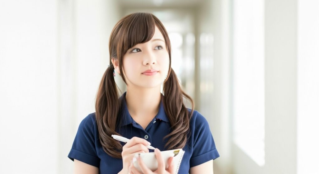 紺色のユニフォーム(ポロシャツ)を着用した女性介護職員。廊下でメモ帳とペンを手に持ち、入居者の様子を思い浮かべるような真剣な表情で佇む様子。