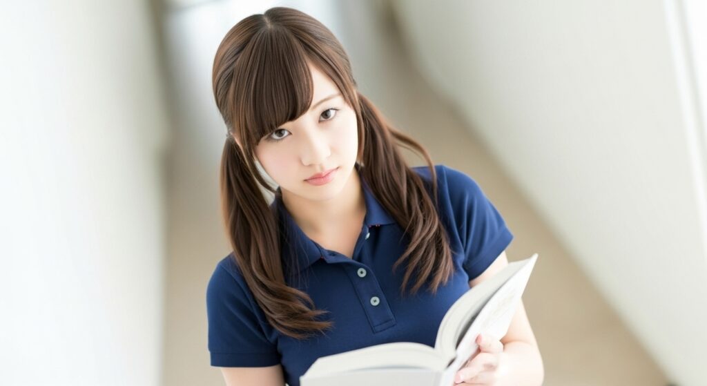 介護職員の女性がノートをもって上目使いをしている。