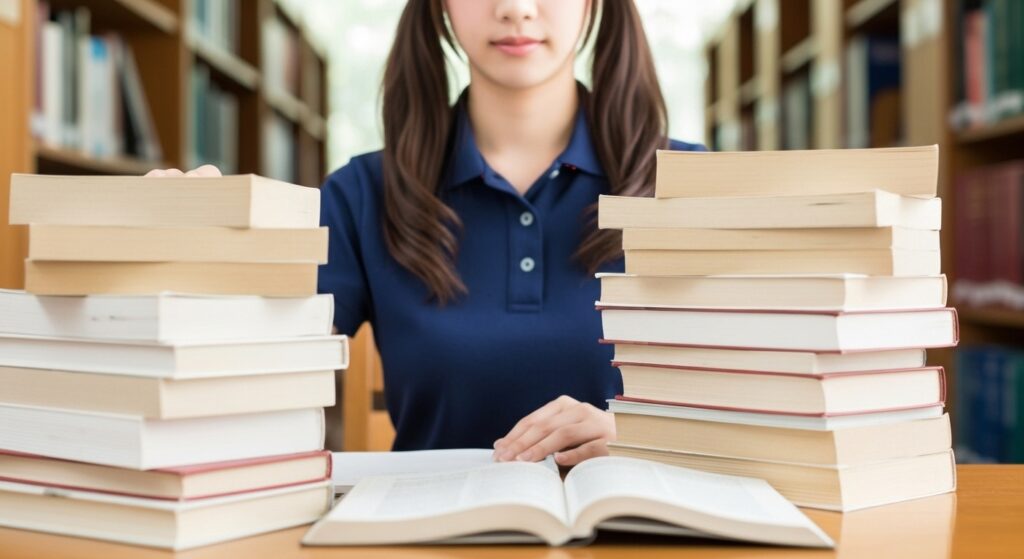 沢山の本が積まれた後ろに座っている女性介護職員