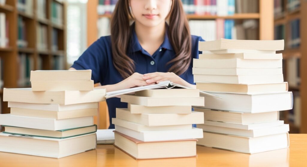 積み重ねられた本の後ろにいる女性介護職員