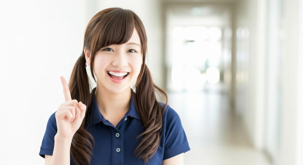 人差し指を立ててる女性介護職員