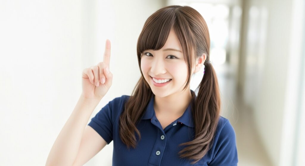 人差し指を上げて笑顔の女性介護職員