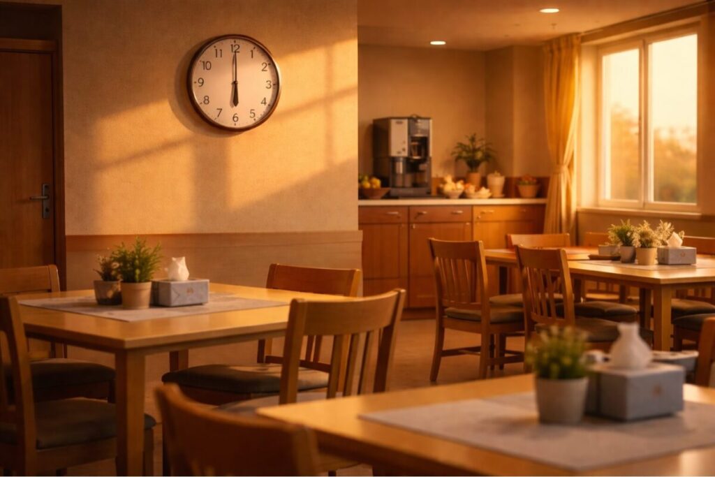 夕方の光が差し込む介護施設の食堂。テーブルと椅子が整えられ、食事時間前の落ち着いた環境と生活リズムを整える空間